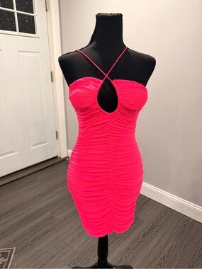 SHEIN Neon Pink Ruched Keyhole Mini Dress